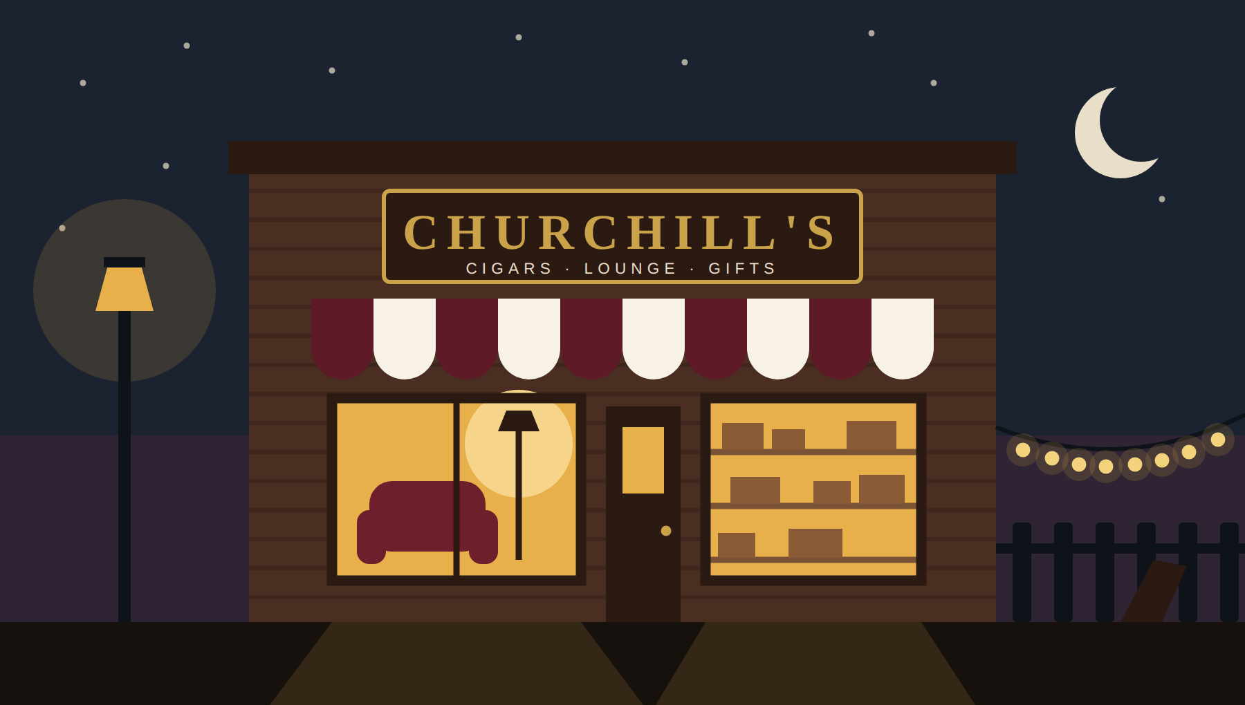 Illustration of Churchill's storefront at dusk
