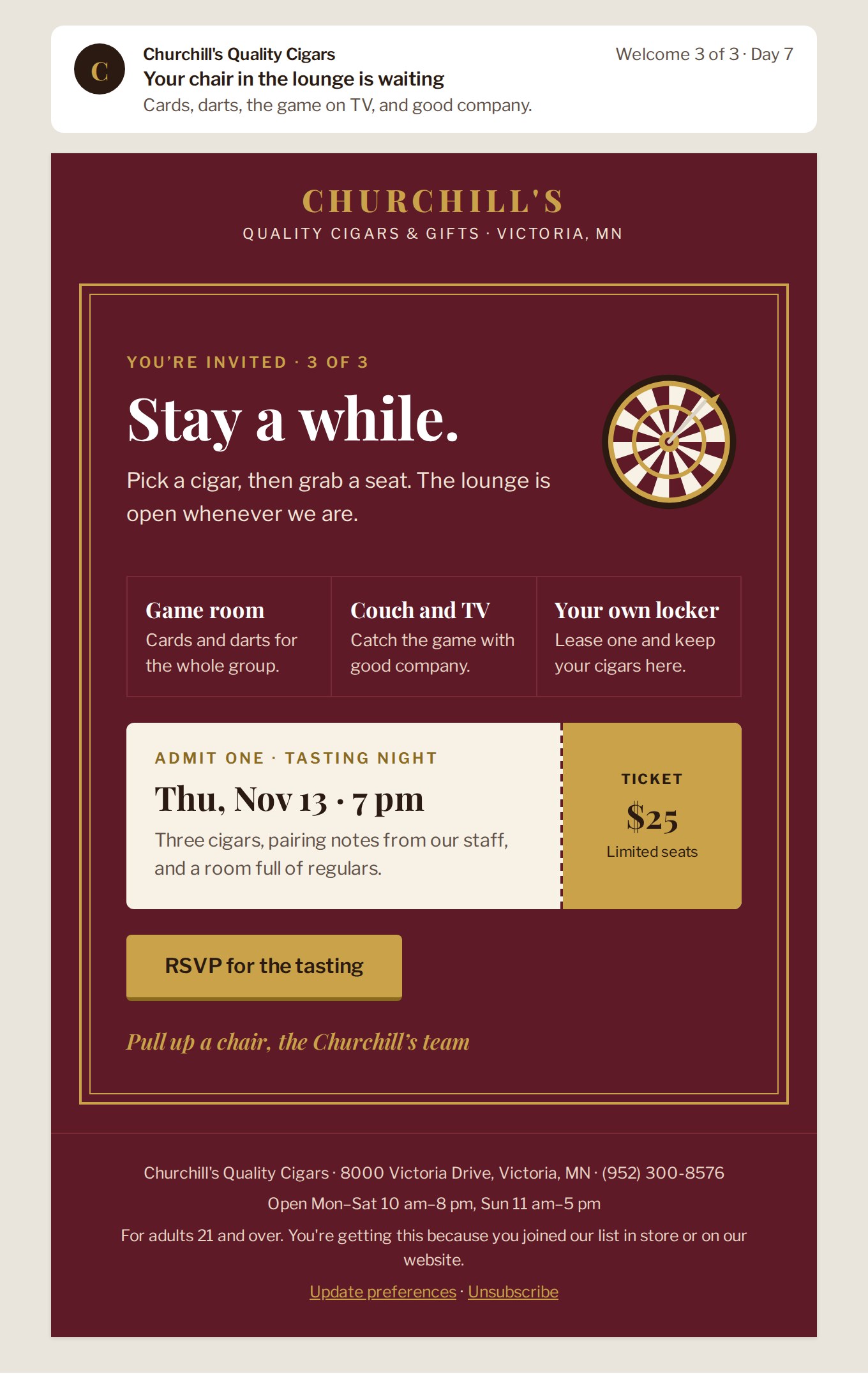 Welcome 3 email: A framed invitation with a tear-off tasting ticket.