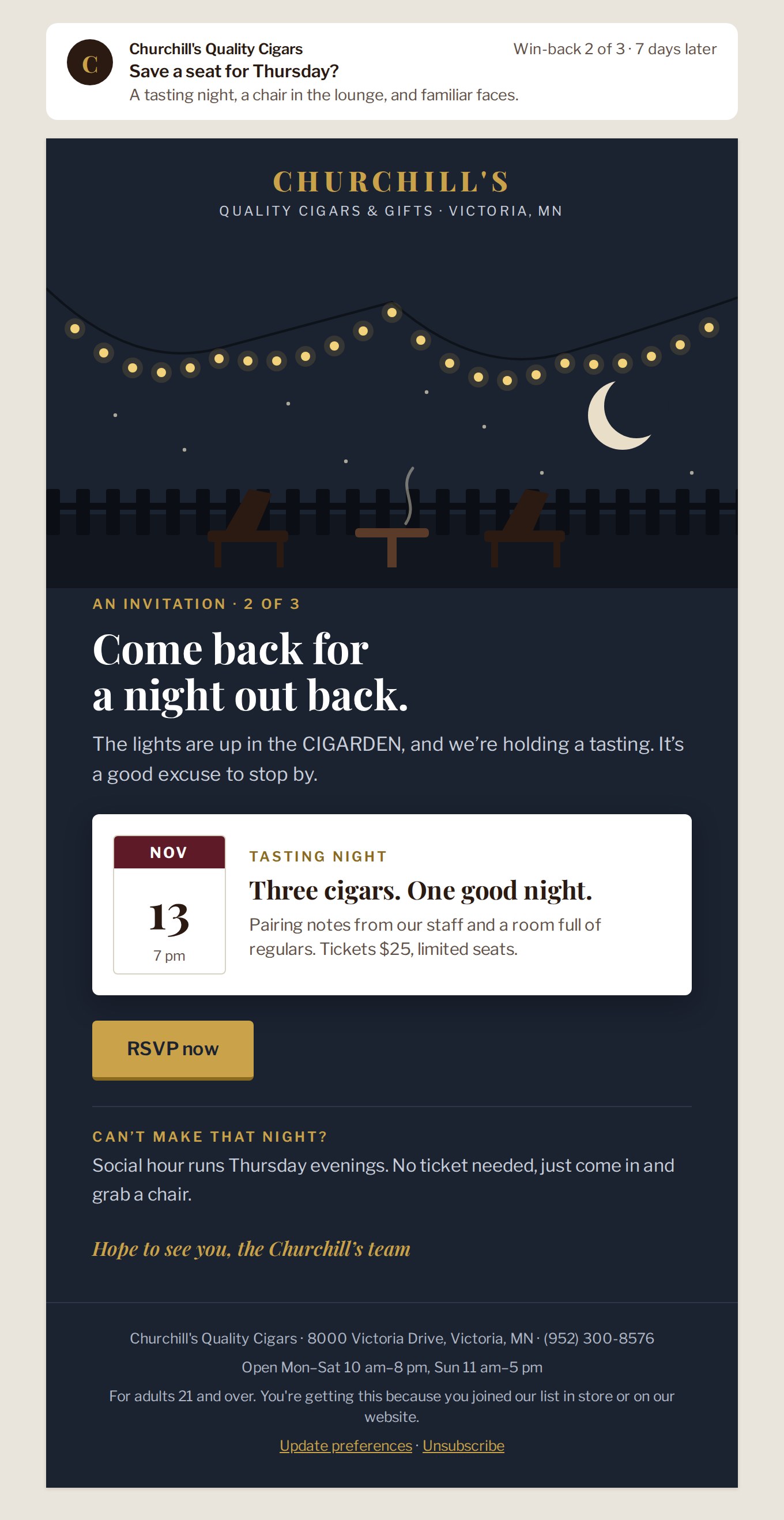 Win-back 2 email: The CIGARDEN at night, with a calendar card for the next tasting.