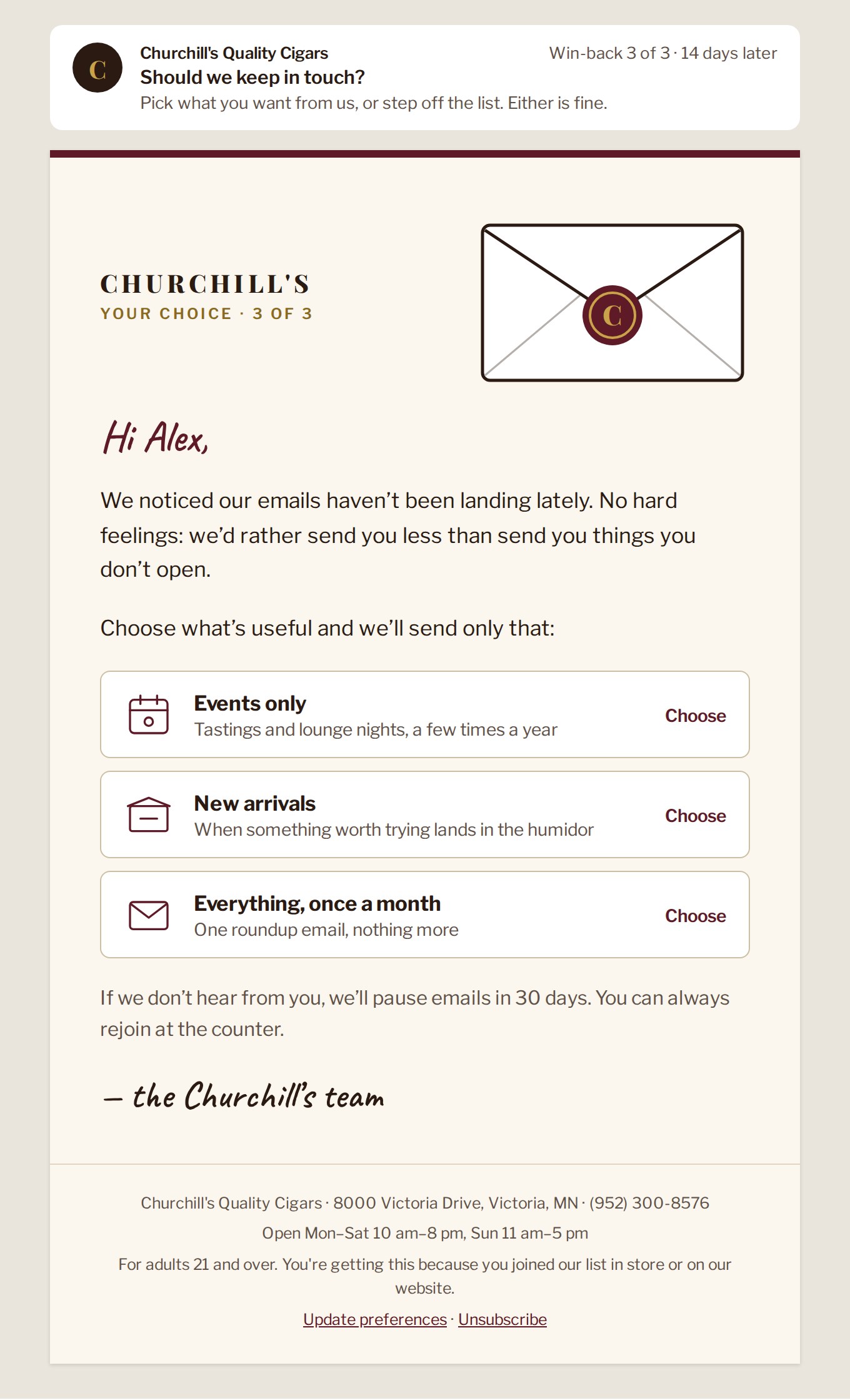 Win-back 3 email: A personal letter that lets people pick less email instead of leaving.
