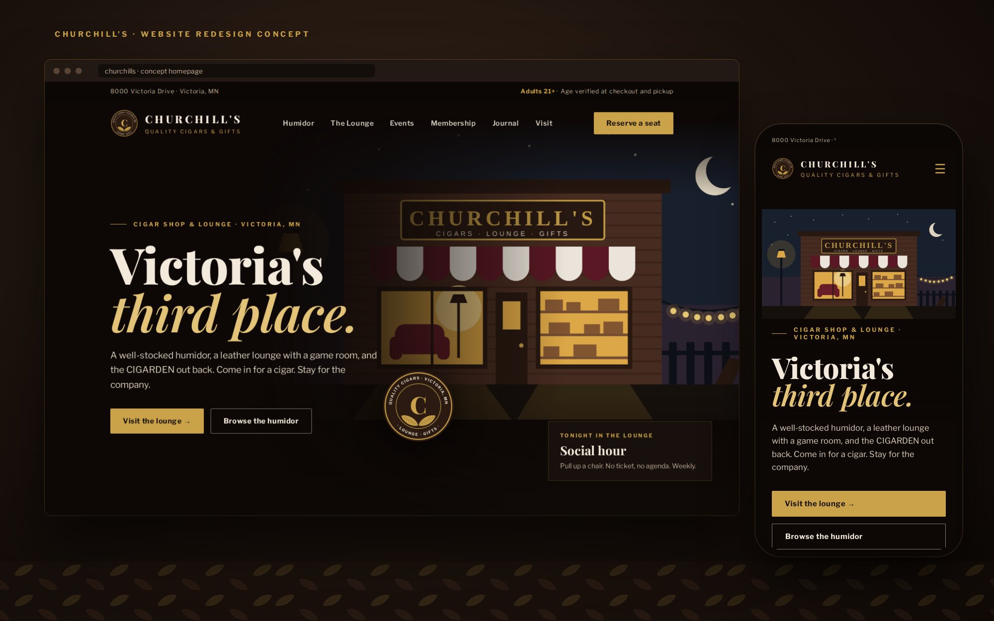 The redesigned homepage hero in a desktop browser and on a phone: Victoria's third place, over an illustrated storefront at dusk