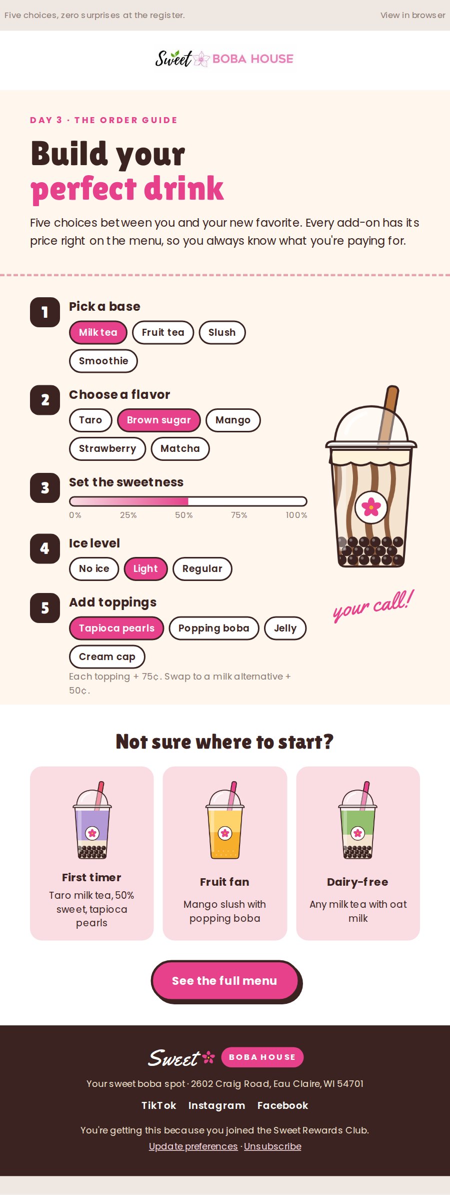 Welcome 2 email: The five-step order guide, with add-on prices shown, from the plan’s value-transparency recommendation.