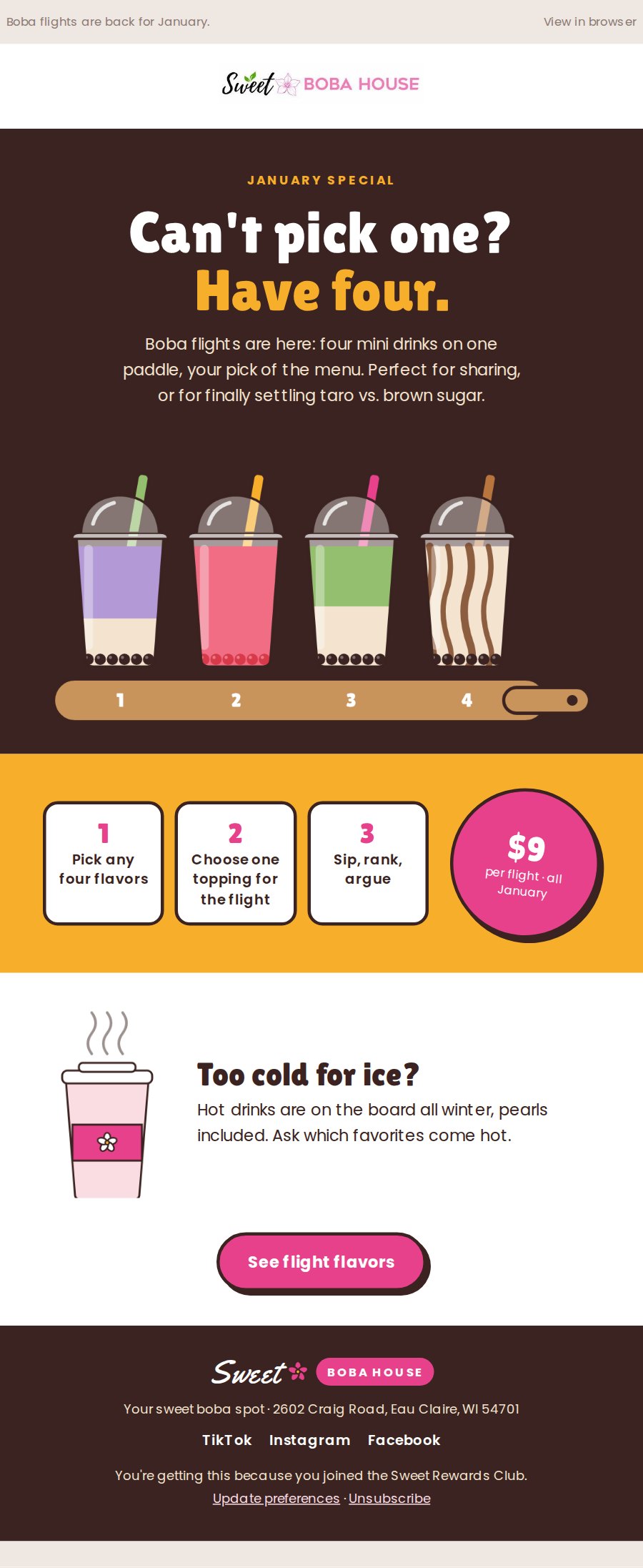 Boba flights email: The plan’s January special on a dark cocoa layout, plus a nudge toward hot drinks.