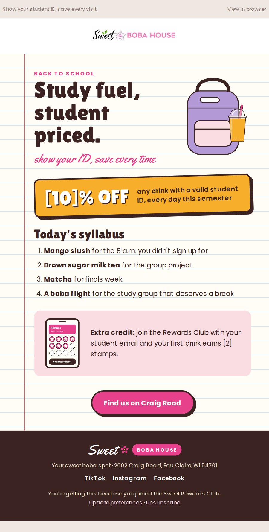 Back to school email: Lined notebook paper, a red margin and the student discount from the promotion strategy.