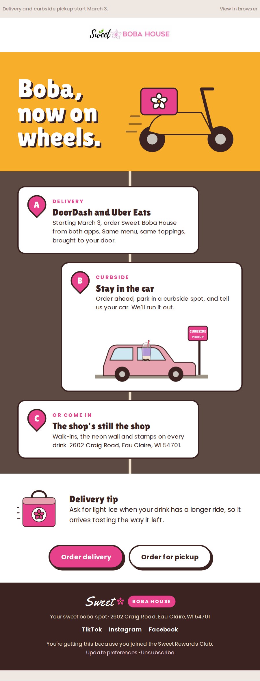 Delivery launch email: A road runs down the middle: delivery apps, curbside, then the shop itself.