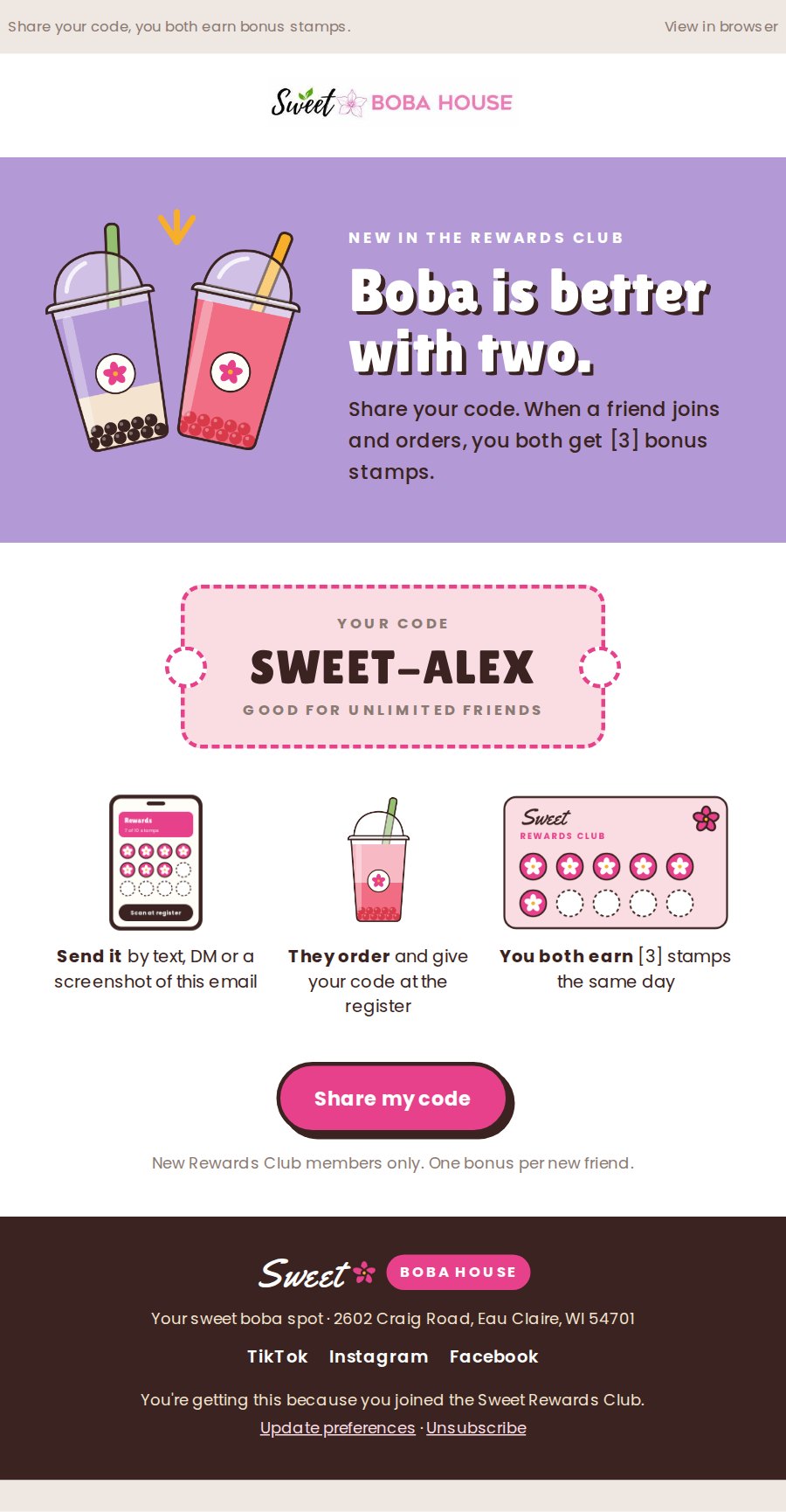 Bring a friend email: The plan’s referral idea as a tear-off code ticket, with three illustrated steps.