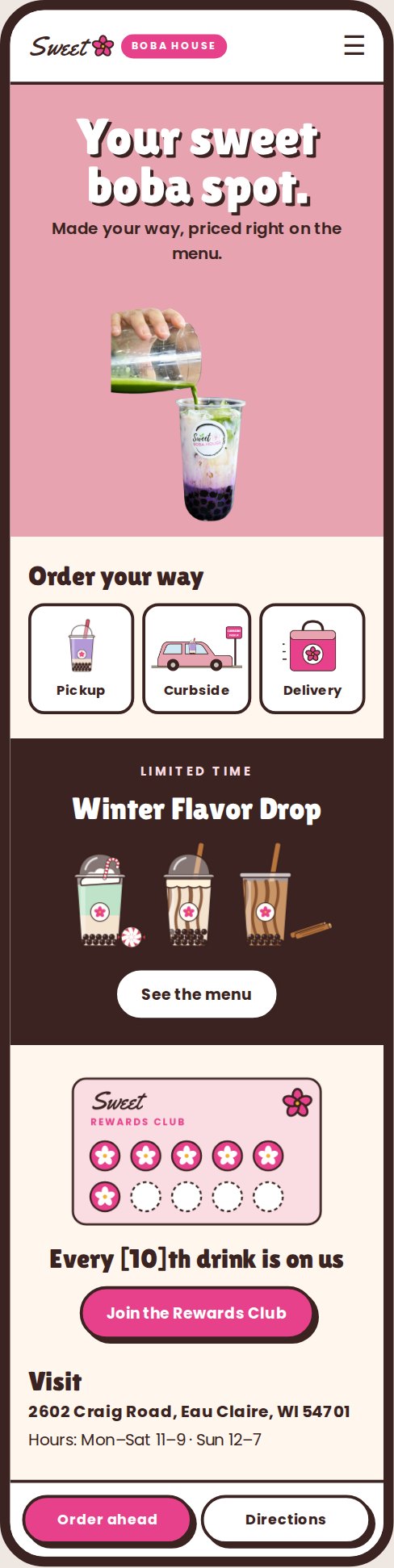 Homepage, mobile: The same page at phone width with Order and Directions pinned to the bottom.