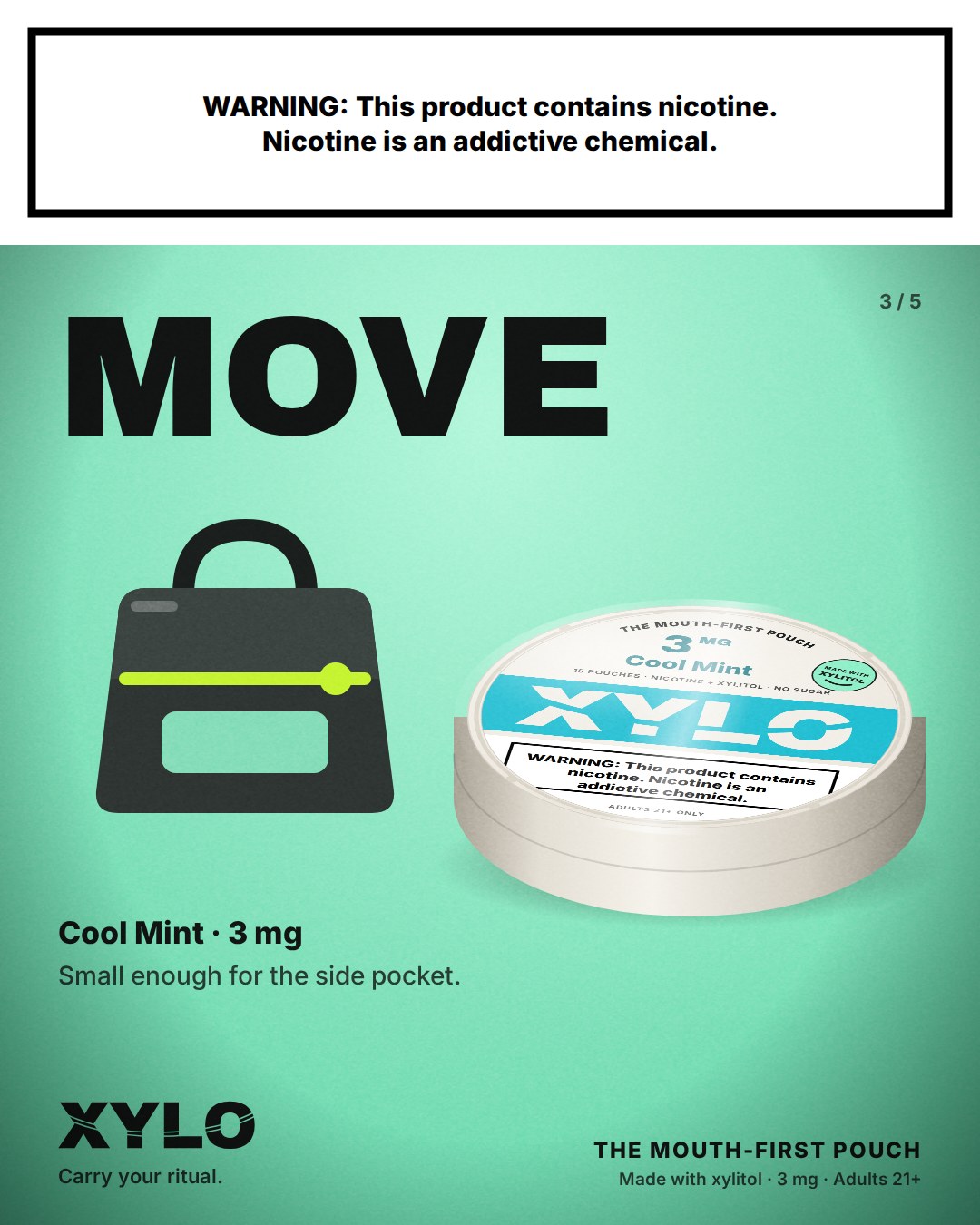 Slide 3: MOVE, with a gym bag and a Cool Mint can on mint