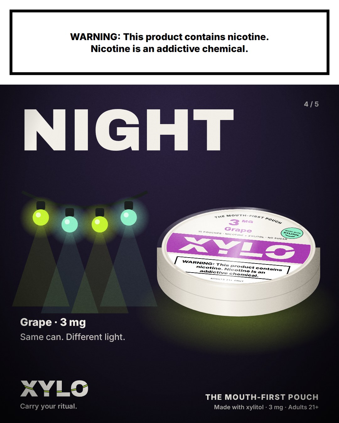 Slide 4: NIGHT, with string lights and a Grape can