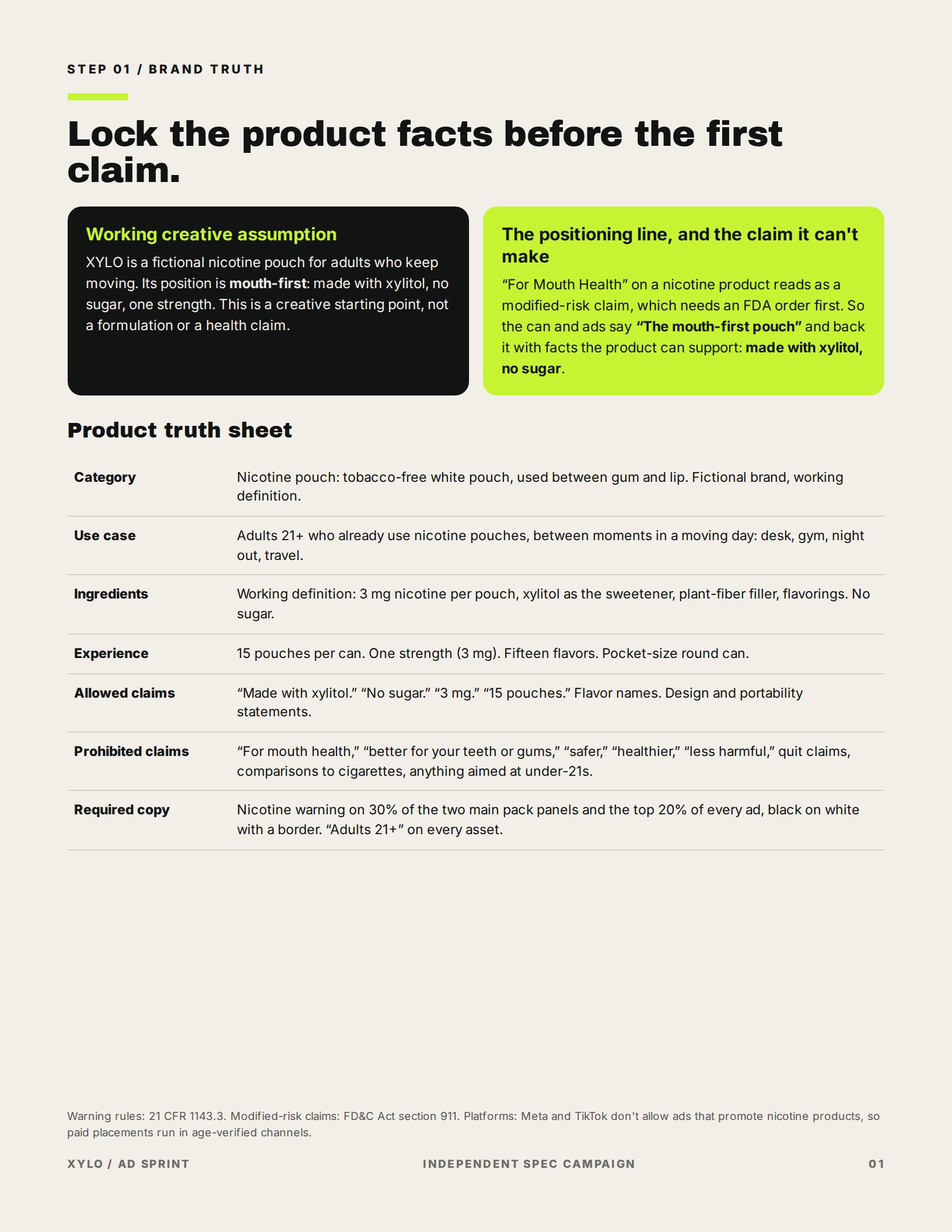 Strategy document page 1: product truth sheet and claim rules