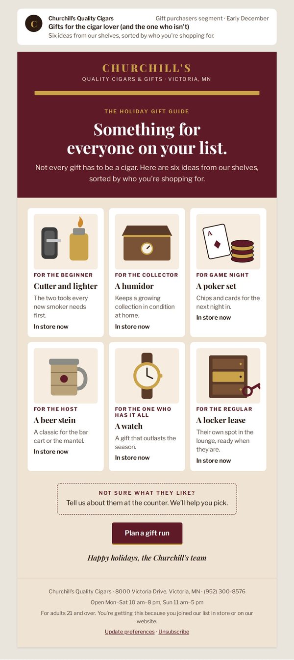 Churchill's holiday gift guide email with six illustrated gifts