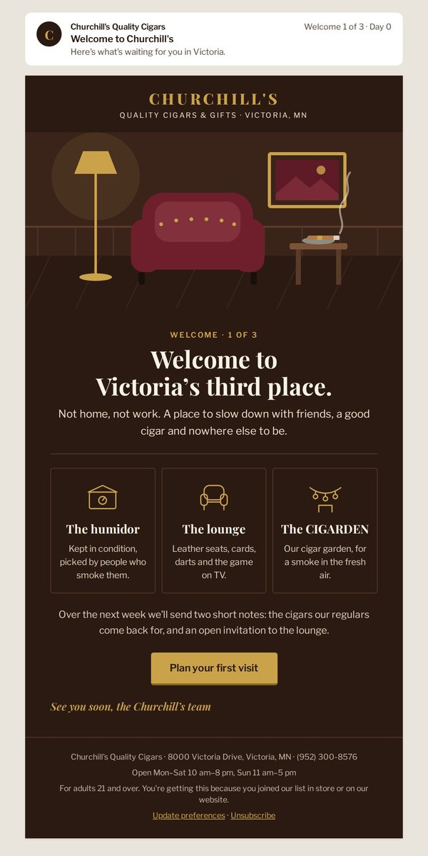 Churchill's Welcome 1 email: a dark lounge scene with three panels for the humidor, the lounge and the CIGARDEN