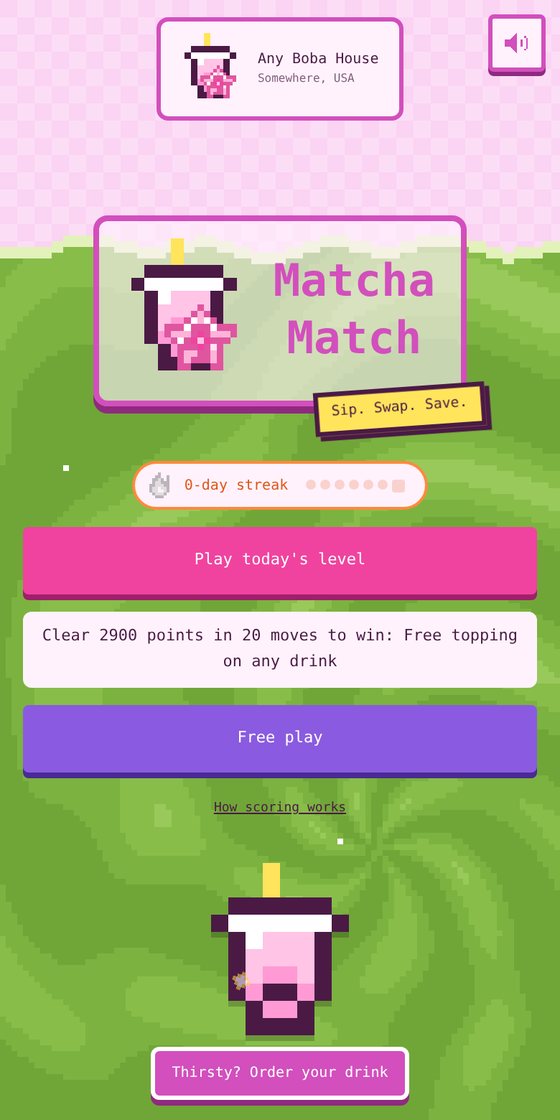 Matcha Match home screen showing the daily level button, today's reward of a free topping, and a 7-day streak tracker