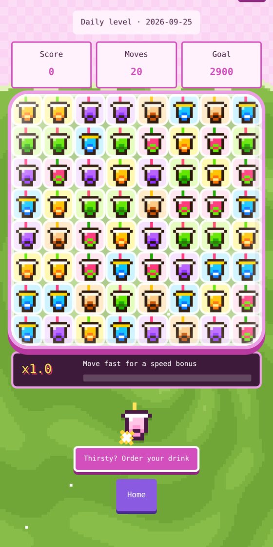 Matcha Match game board: an 8 by 8 grid of pixel-art boba drinks with score, moves and goal counters