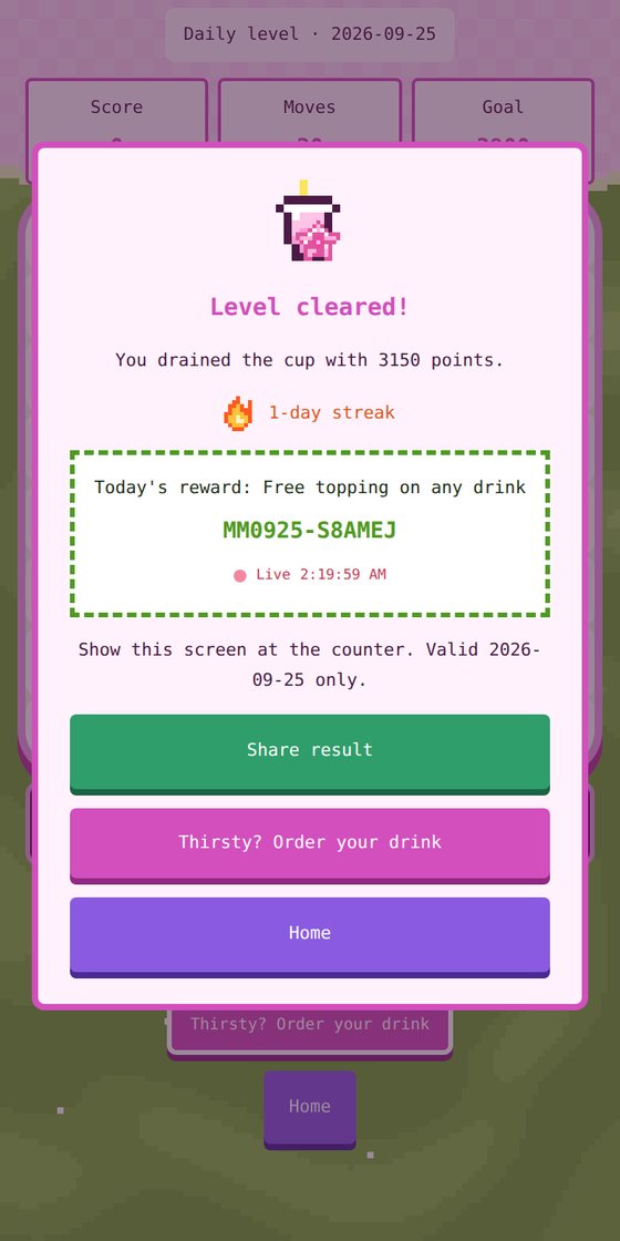 Matcha Match win screen with a same-day reward code, a live clock, a streak counter, and share and order buttons