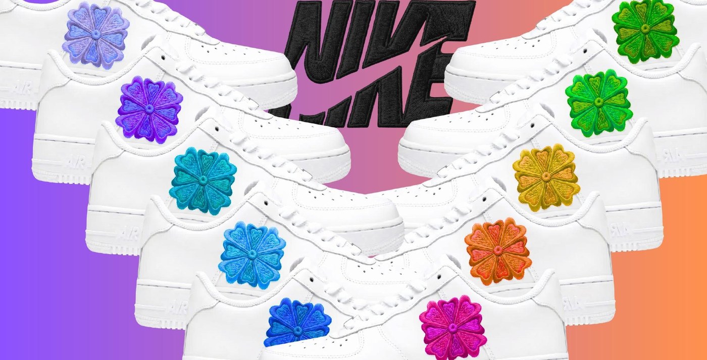 Nine Air Force 1 concepts in a rainbow of colorways, each with the eight-petal flower design