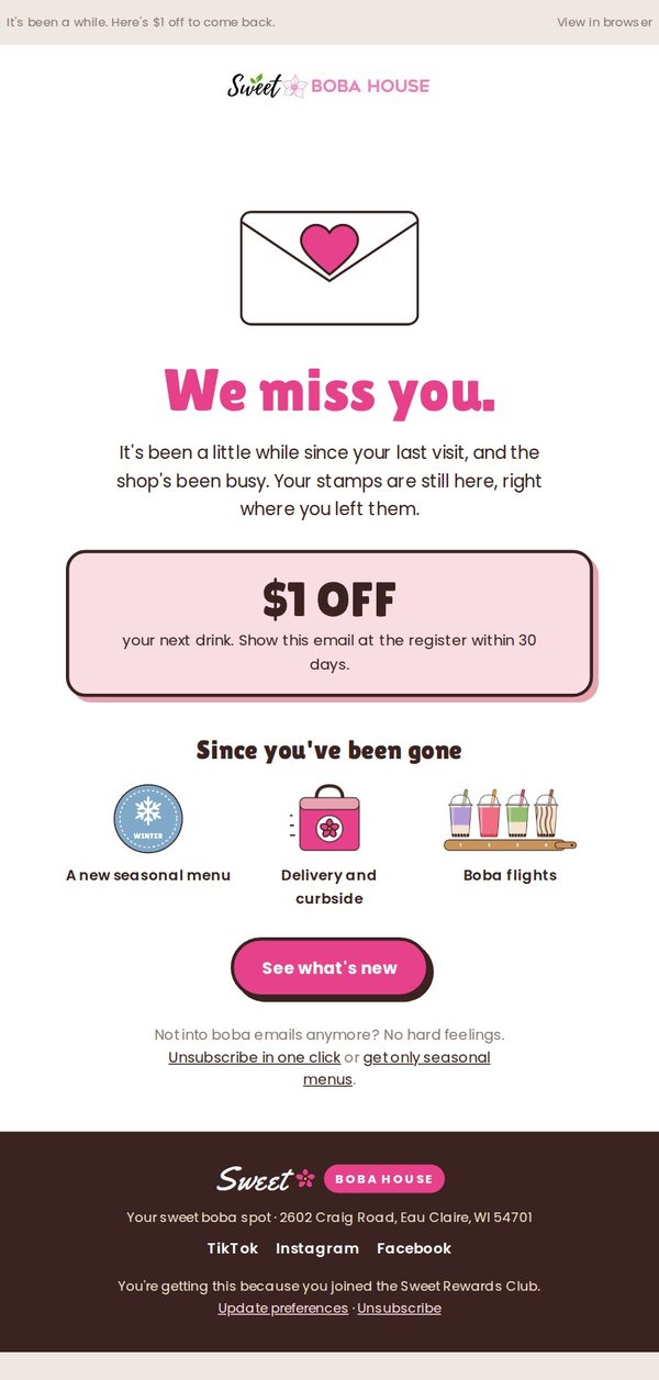 Sweet Boba House We miss you email with a $1 off offer